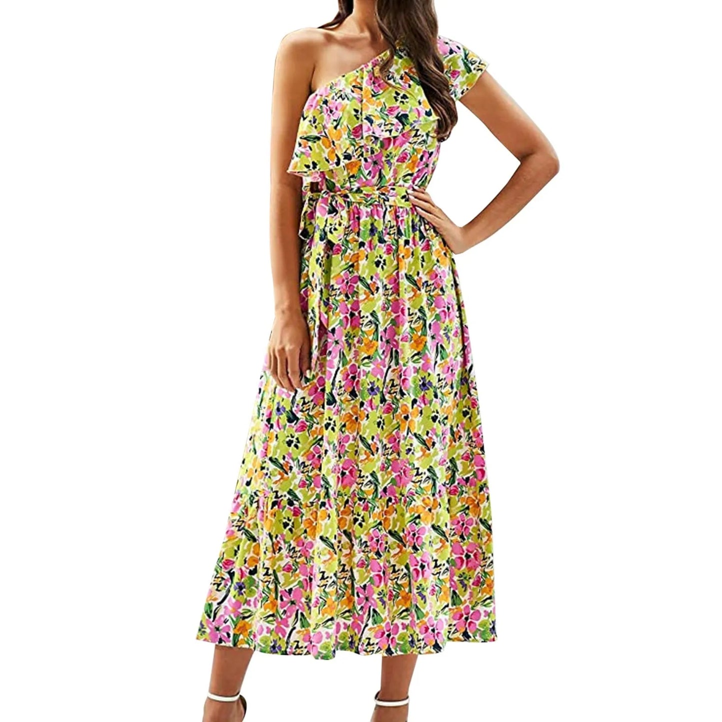 Maxi Dresses- Women Boho Floral One-Shoulder Belted Dress- - Pekosa Women Fashion