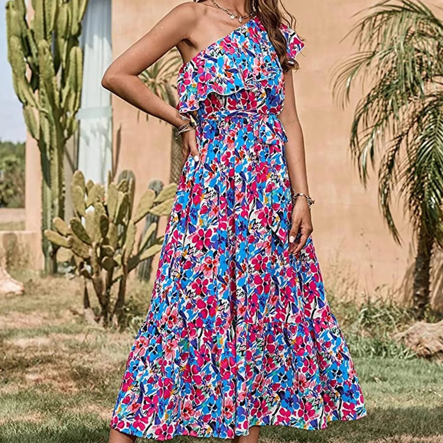 Maxi Dresses- Women Boho Floral One-Shoulder Belted Dress- Blue- Pekosa Women Fashion