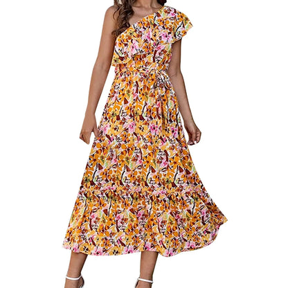 Maxi Dresses- Women Boho Floral One-Shoulder Belted Dress- Orange Pink- Pekosa Women Fashion