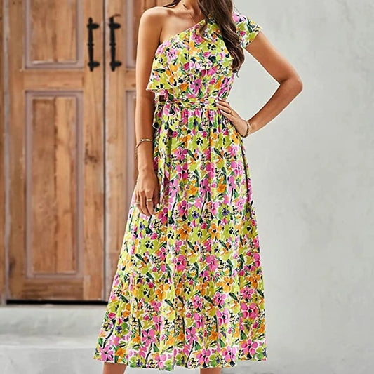 Maxi Dresses- Women Boho Floral One-Shoulder Belted Dress- Yellow- Pekosa Women Fashion