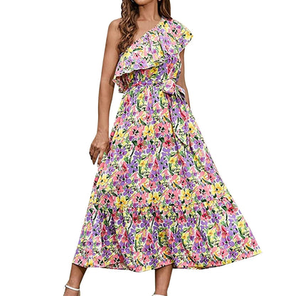 Maxi Dresses- Women Boho Floral One-Shoulder Belted Dress- Purple- Pekosa Women Fashion