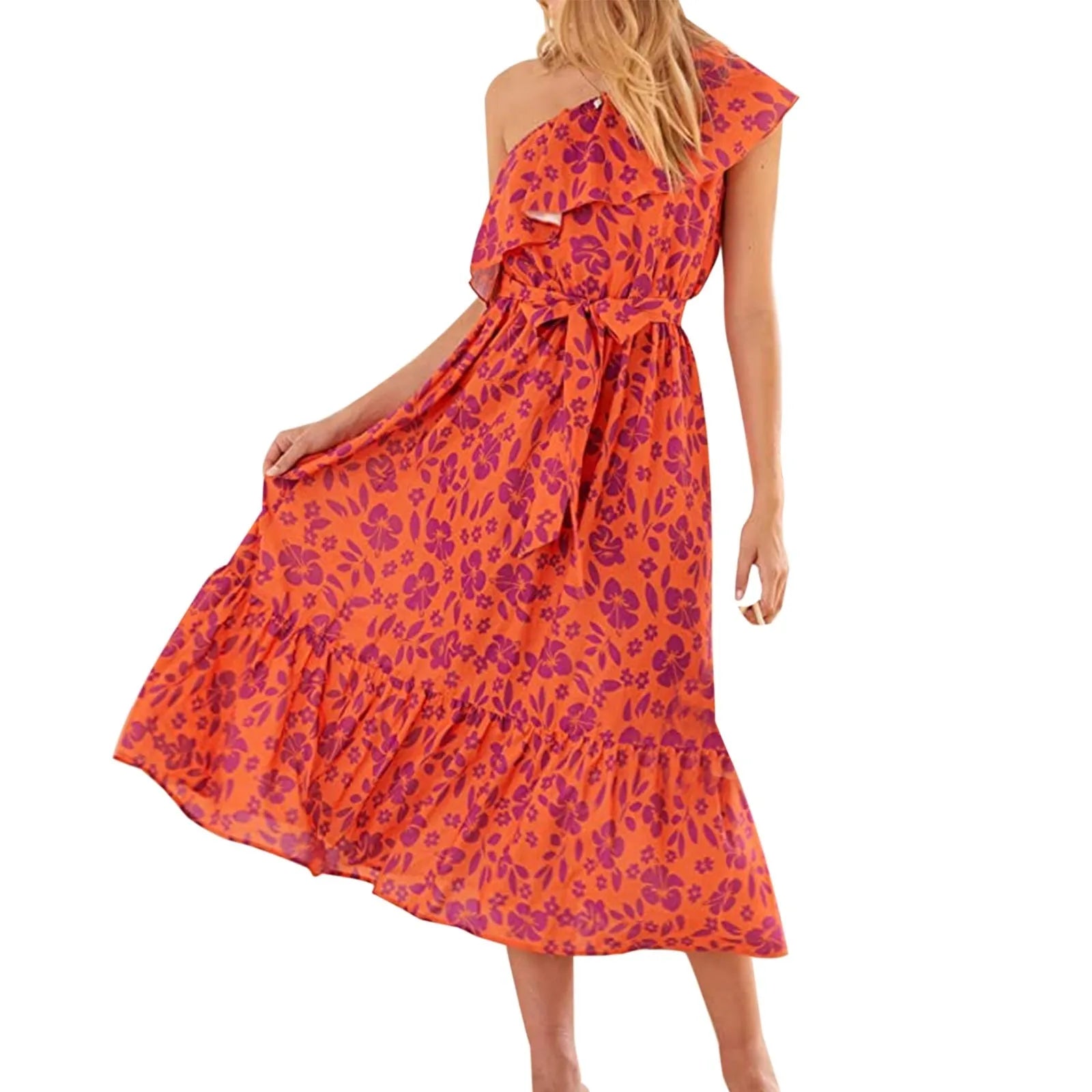 Maxi Dresses- Women Boho Floral One-Shoulder Belted Dress- Orange- Pekosa Women Fashion