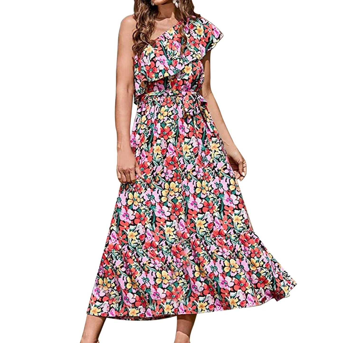 Maxi Dresses- Women Boho Floral One-Shoulder Belted Dress- Pink- Pekosa Women Fashion