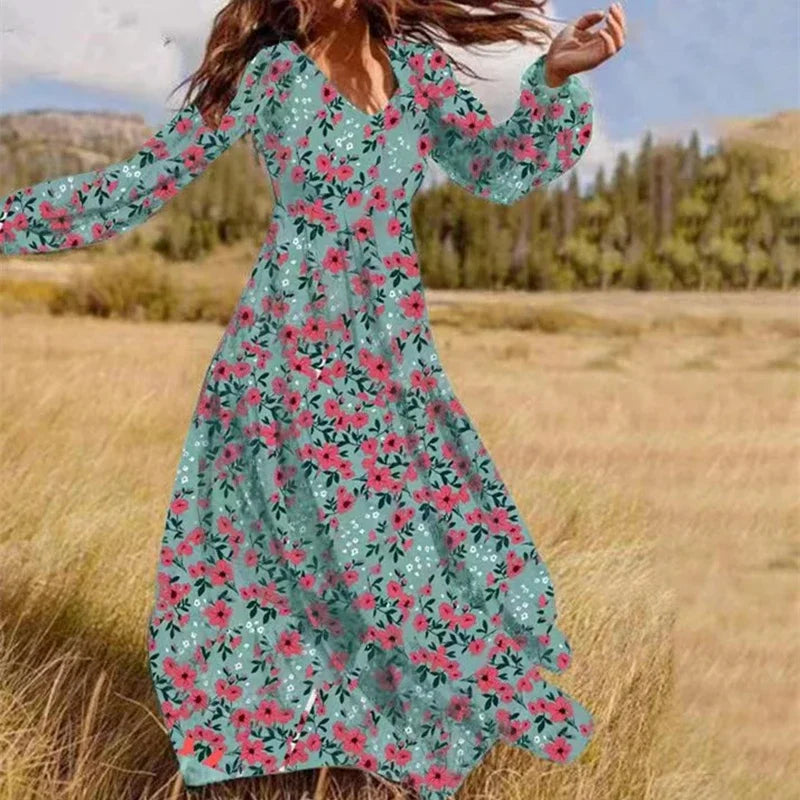 Maxi Dresses- Women Floral Long Dress for Day to Night- Turquoise- Chuzko Women Clothing