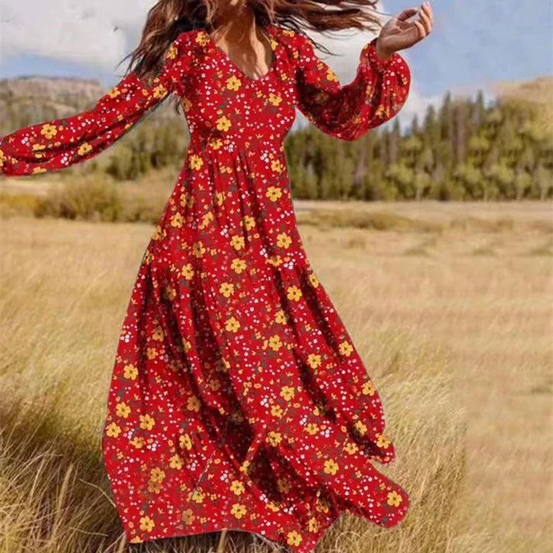 Maxi Dresses- Women Floral Long Dress for Day to Night- Red- Chuzko Women Clothing