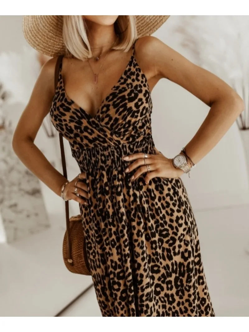 Maxi Dresses- Flowing Leopard Print Maxi Dress for Women- - Pekosa Women Fashion