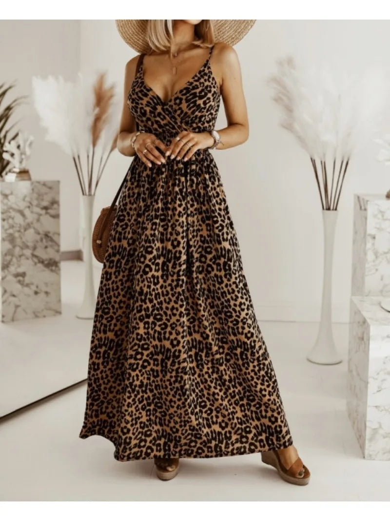 Maxi Dresses- Flowing Leopard Print Maxi Dress for Women- - Pekosa Women Fashion