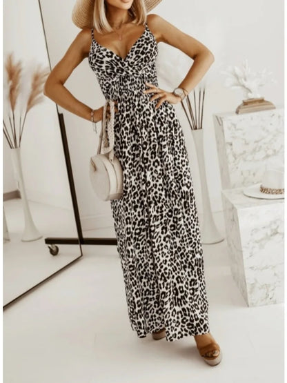 Maxi Dresses- Flowing Leopard Print Maxi Dress for Women- Gray- Pekosa Women Fashion