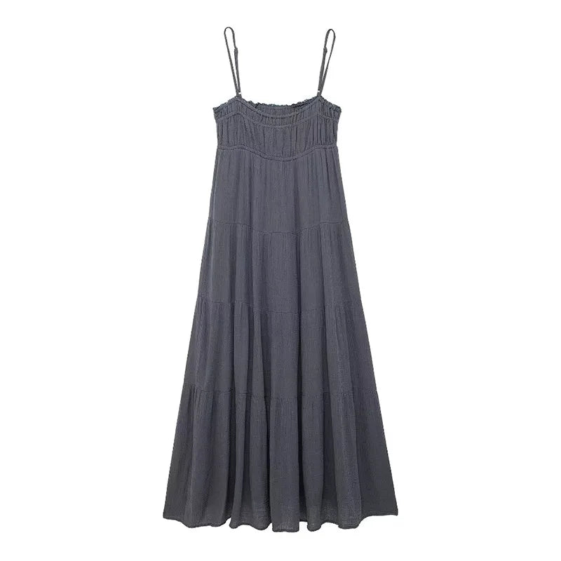 Maxi Dresses- Women Free-flowing Textured Tiered Maxi Dress- Gray- Chuzko Women Clothing