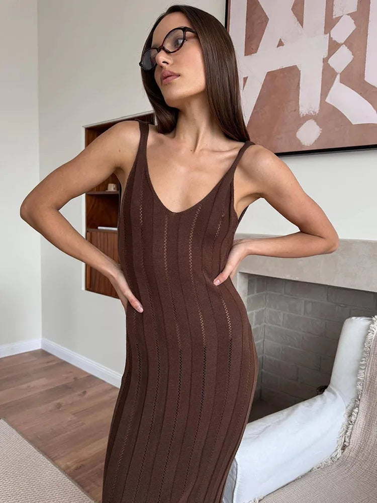 Maxi Dresses- Women Knitting Cocktail Beach Maxi Dress with See-Through Accents- Brown- Pekosa Women Fashion