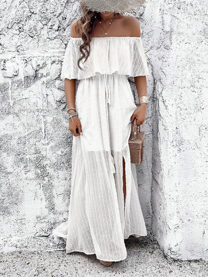 Women Off-Shoulder Maxi Dress with Swiss Dot Overlay