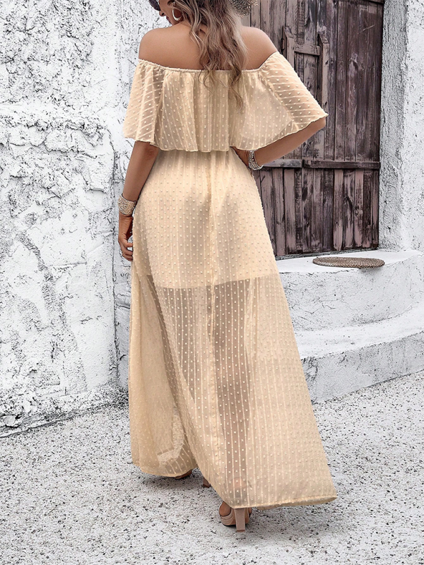 Women Off-Shoulder Maxi Dress with Swiss Dot Overlay