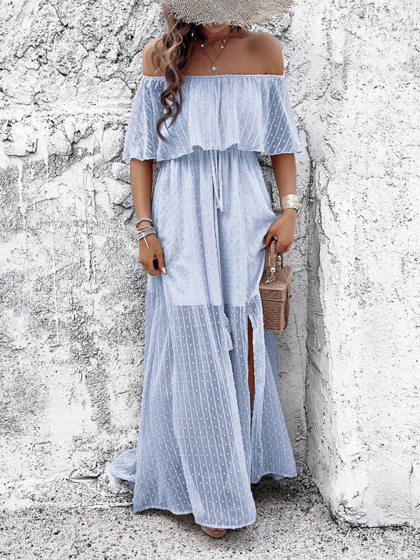 Women Off-Shoulder Maxi Dress with Swiss Dot Overlay