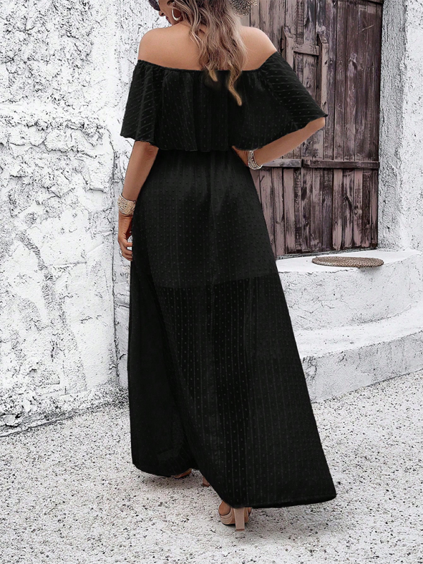 Women Off-Shoulder Maxi Dress with Swiss Dot Overlay