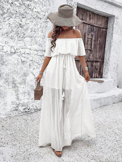 Women Off-Shoulder Maxi Dress with Swiss Dot Overlay