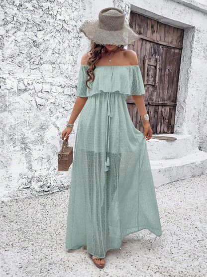 Women Off-Shoulder Maxi Dress with Swiss Dot Overlay