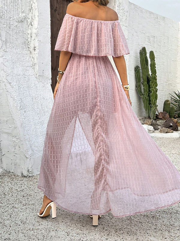 Women Off-Shoulder Maxi Dress with Swiss Dot Overlay