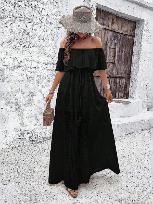 Women Off-Shoulder Maxi Dress with Swiss Dot Overlay