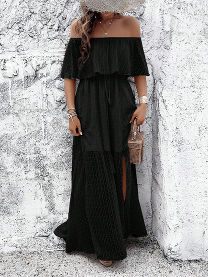 Women Off-Shoulder Maxi Dress with Swiss Dot Overlay