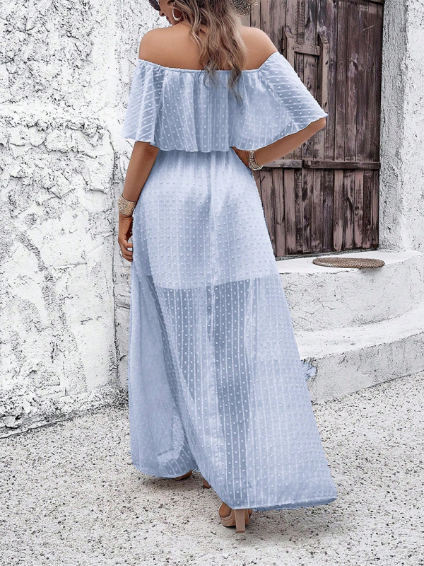 Women Off-Shoulder Maxi Dress with Swiss Dot Overlay