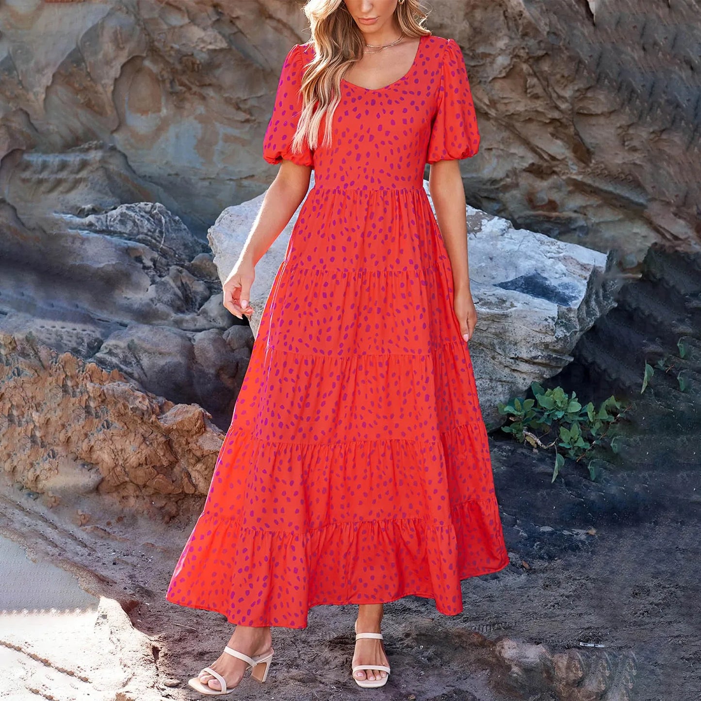 Maxi Dresses- Women's Vibrant Dotty Print A-Line Maxi Dress for Family Gatherings- Red- Pekosa Women Fashion