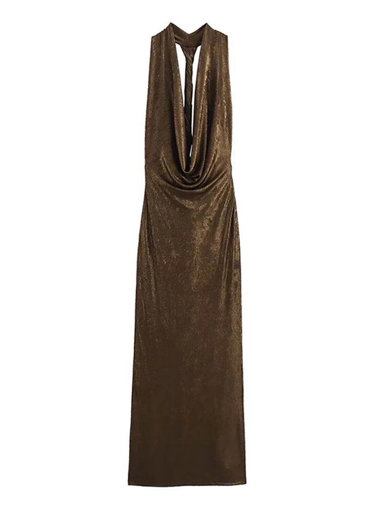 Maxi Gown - Glittery Plunging Cowel Neck Backless Sling Ultra Ruched Fashion Maxi Dress