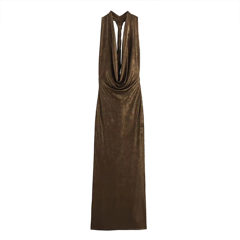 Maxi Gown - Glittery Plunging Cowel Neck Backless Sling Ultra Ruched Fashion Maxi Dress