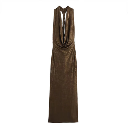 Maxi Gown - Glittery Plunging Cowel Neck Backless Sling Ultra Ruched Fashion Maxi Dress