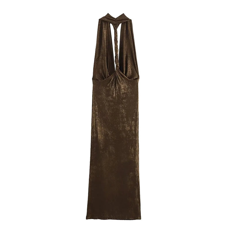 Maxi Gown - Glittery Plunging Cowel Neck Backless Sling Ultra Ruched Fashion Maxi Dress