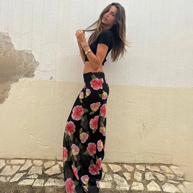 Maxi Skirts- Boho Mesh Mermaid Maxi Skirt - Floral Trumpet Style- - Chuzko Women Clothing