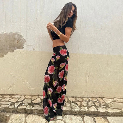 Maxi Skirts- Boho Mesh Mermaid Maxi Skirt - Floral Trumpet Style- - Chuzko Women Clothing