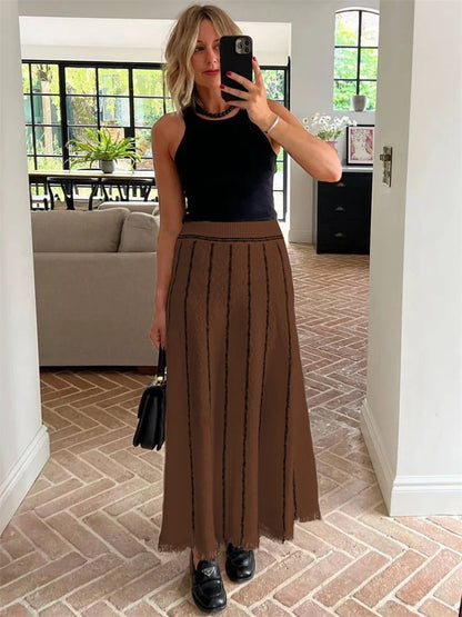 Maxi Skirts- Elegant Knitted Maxi Skirt with Fringed Hem for Women- Coffee- Chuzko Women Clothing