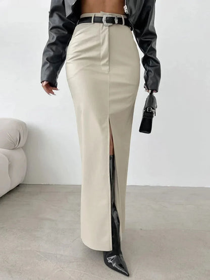 Maxi Skirts- Elegant Maxi Faux Leather Skirt- Beige- Pekosa Women Fashion