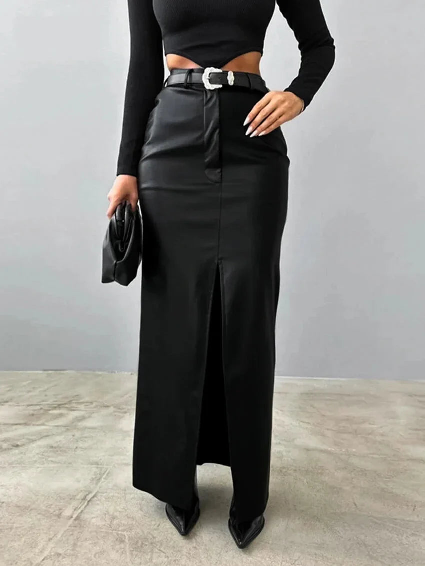 Maxi Skirts- Elegant Maxi Faux Leather Skirt- - Pekosa Women Fashion