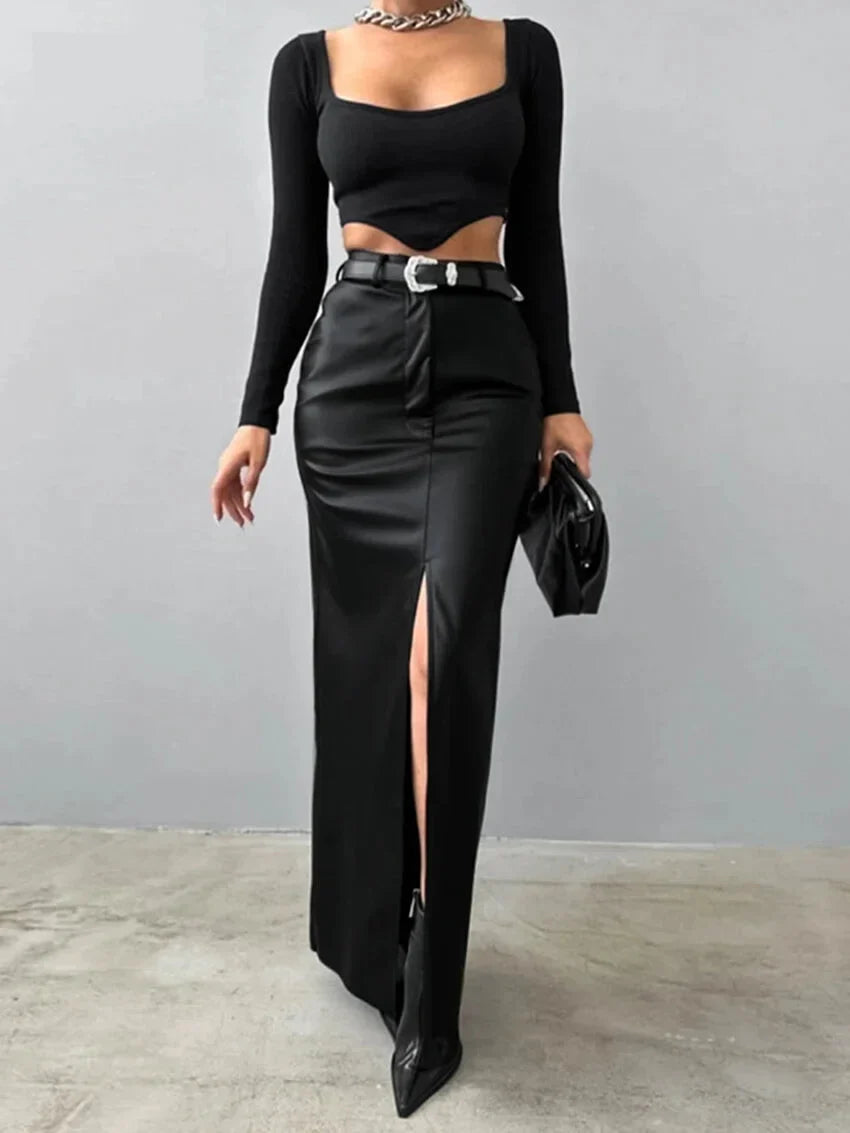 Maxi Skirts- Elegant Maxi Faux Leather Skirt- - Pekosa Women Fashion