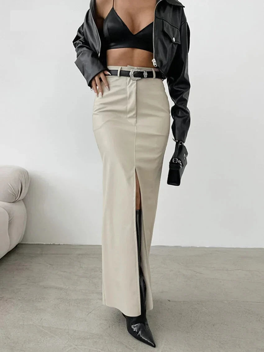 Maxi Skirts- Elegant Maxi Faux Leather Skirt- - Pekosa Women Fashion