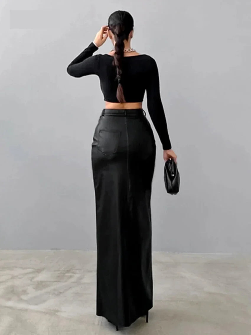 Maxi Skirts- Elegant Maxi Faux Leather Skirt- - Pekosa Women Fashion