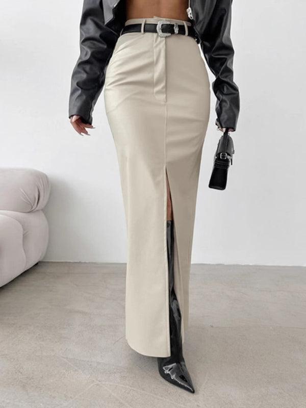 Maxi Skirts - Faux Leather Maxi Skirt with Slit