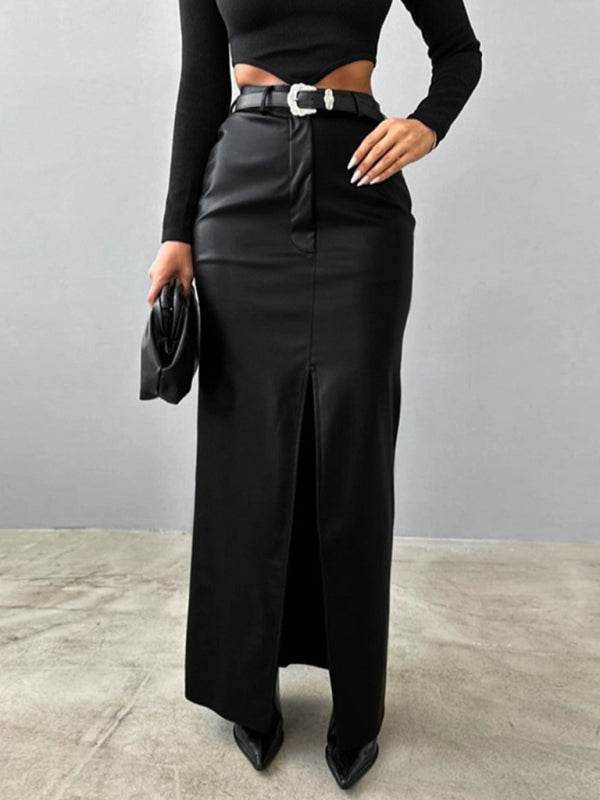 Maxi Skirts - Faux Leather Maxi Skirt with Slit