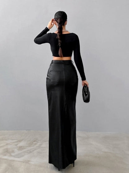 Maxi Skirts - Faux Leather Maxi Skirt with Slit