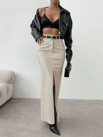 Maxi Skirts - Faux Leather Maxi Skirt with Slit