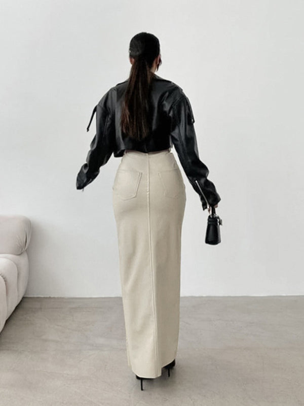 Maxi Skirts - Faux Leather Maxi Skirt with Slit