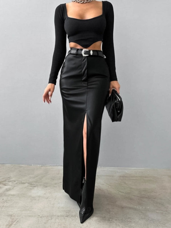 Maxi Skirts - Faux Leather Maxi Skirt with Slit