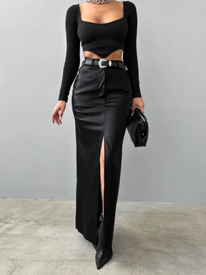 Maxi Skirts - Faux Leather Maxi Skirt with Slit