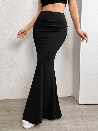 Maxi Skirts- Solid High-Waist Floor-Length Mermaid Maxi Skirt- Black- Pekosa Women Fashion