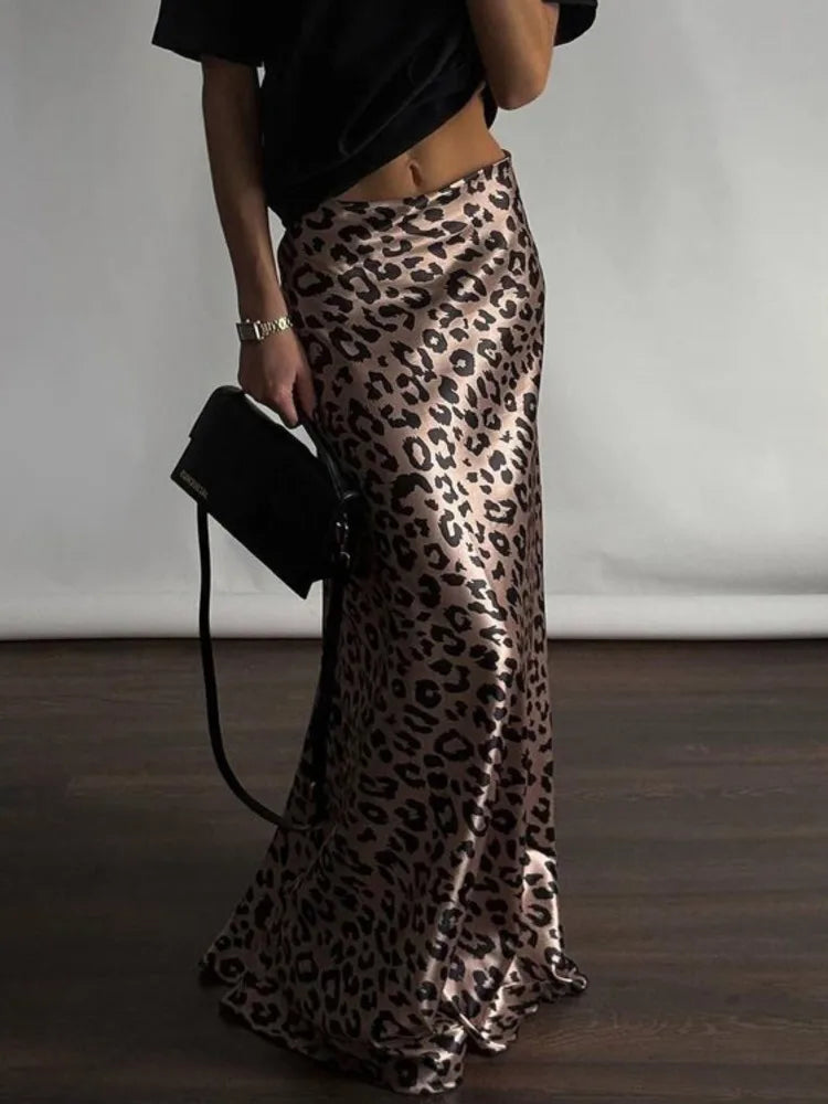 Maxi Skirts- Women Leopard Print Satin Skirt in Mermaid- - Pekosa Women Fashion