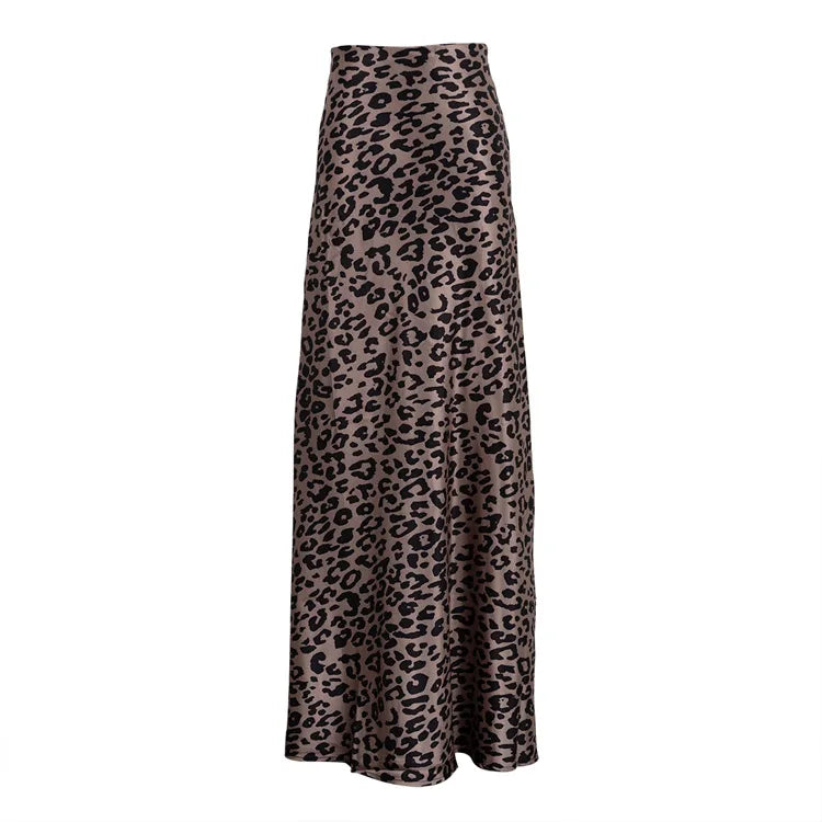 Maxi Skirts- Women Leopard Print Satin Skirt in Mermaid- Brown- Pekosa Women Fashion