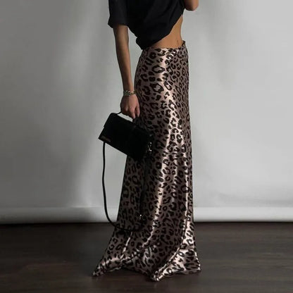 Maxi Skirts- Women Leopard Print Satin Skirt in Mermaid- - Pekosa Women Fashion