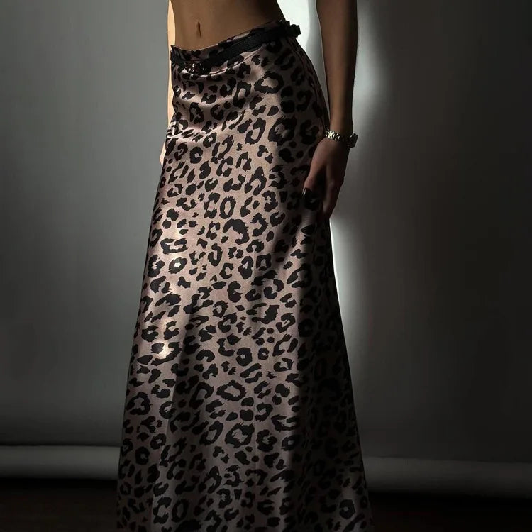 Maxi Skirts- Women Leopard Print Satin Skirt in Mermaid- - Pekosa Women Fashion