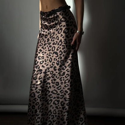 Maxi Skirts- Women Leopard Print Satin Skirt in Mermaid- - Pekosa Women Fashion